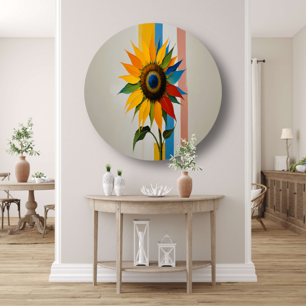 Abstracte Kleurrijke Zonnebloem op Gestreepte Achtergrond aluminium muurcirkel