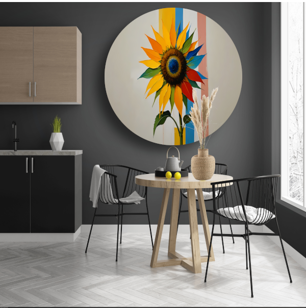Abstracte Kleurrijke Zonnebloem op Gestreepte Achtergrond aluminium muurcirkel