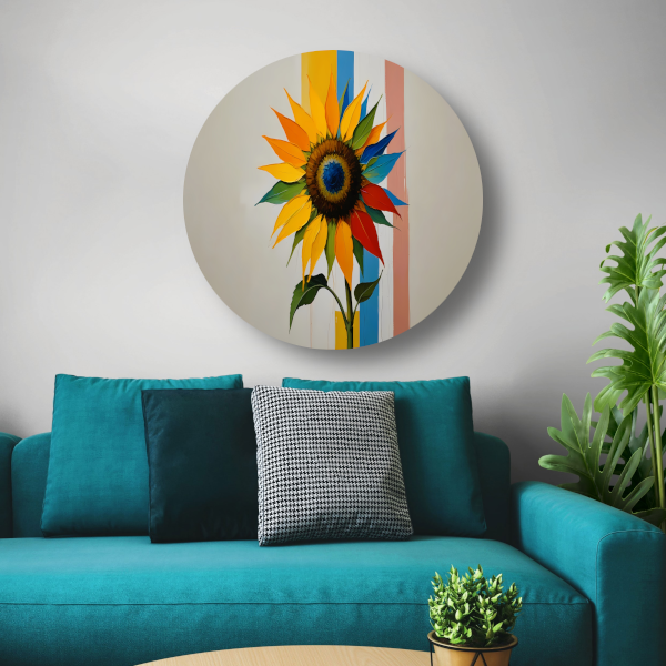 Abstracte Kleurrijke Zonnebloem op Gestreepte Achtergrond aluminium muurcirkel