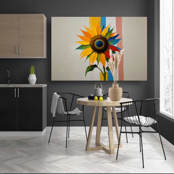 Abstracte Kleurrijke Zonnebloem op Gestreepte Achtergrond poster
