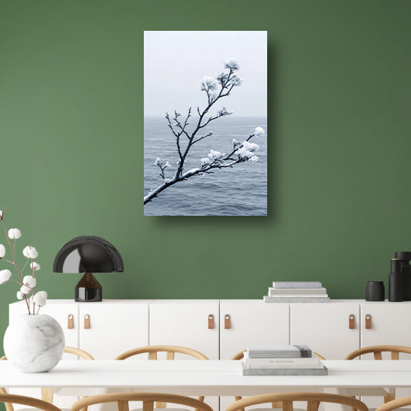 Minimalistische wintertak boven kalm water canvas
