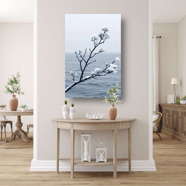 Minimalistische wintertak boven kalm water canvas