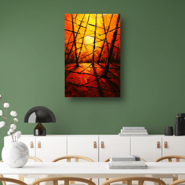 Kleurrijke abstracte zonsondergang met bomen canvas