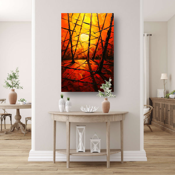 Kleurrijke abstracte zonsondergang met bomen canvas