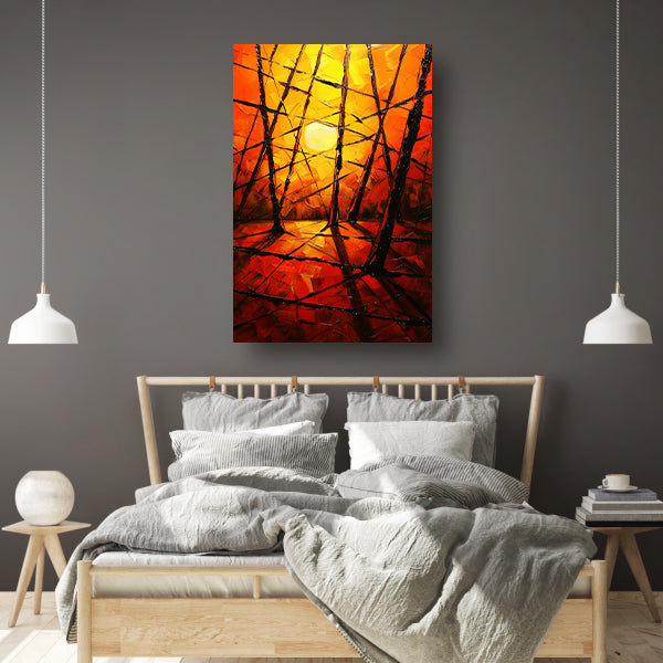 Kleurrijke abstracte zonsondergang met bomen canvas