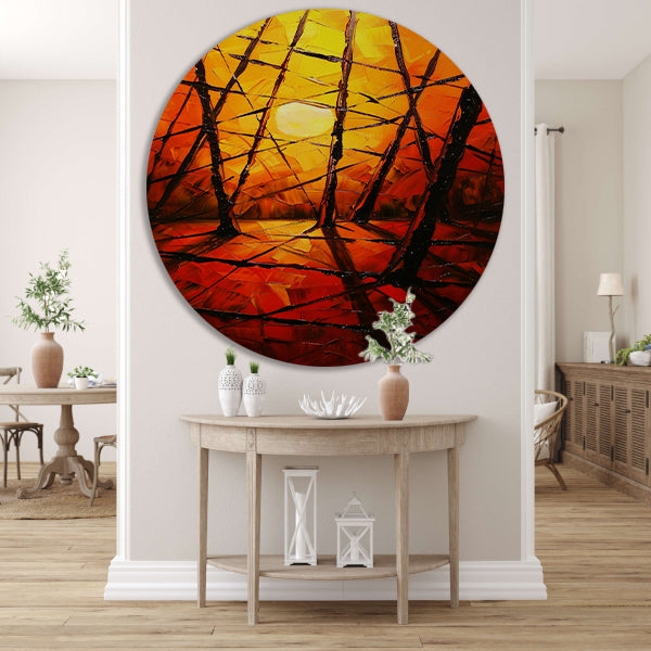Kleurrijke abstracte zonsondergang met bomen aluminium muurcirkel