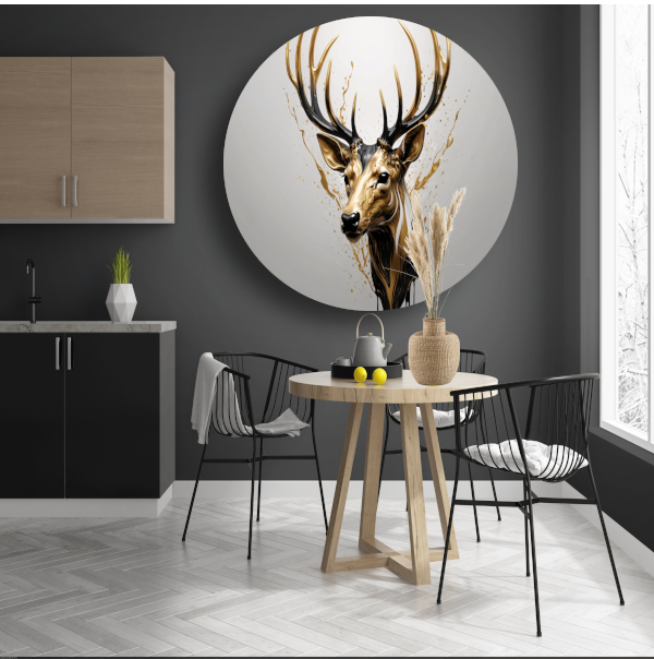 Gouden Hertenhoofd met Dynamische Spatten aluminium muurcirkel