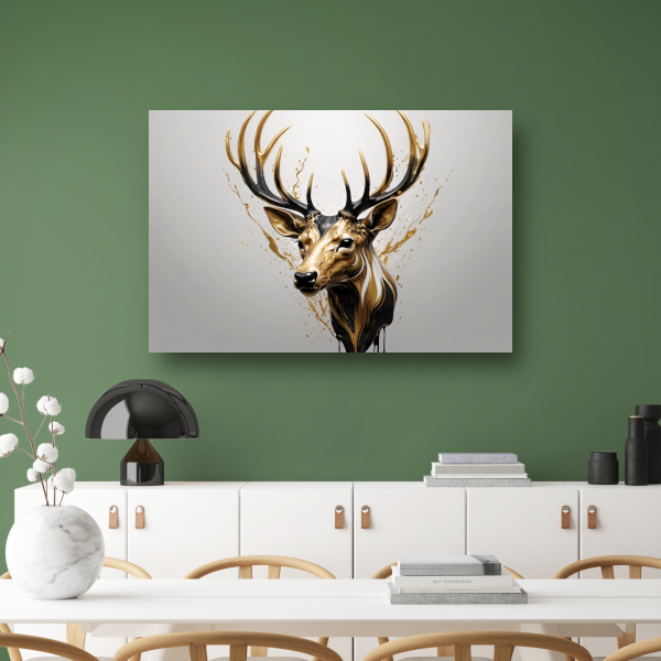 Gouden Hertenhoofd met Dynamische Spatten canvas met baklijst