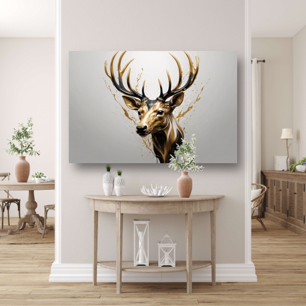 Gouden Hertenhoofd met Dynamische Spatten canvas met baklijst