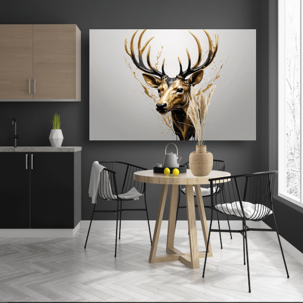 Gouden Hertenhoofd met Dynamische Spatten canvas met baklijst