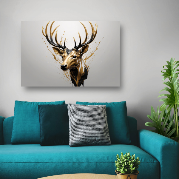 Gouden Hertenhoofd met Dynamische Spatten canvas met baklijst