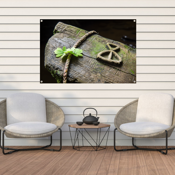 Plant groeit uit holle boomstam tuinposter