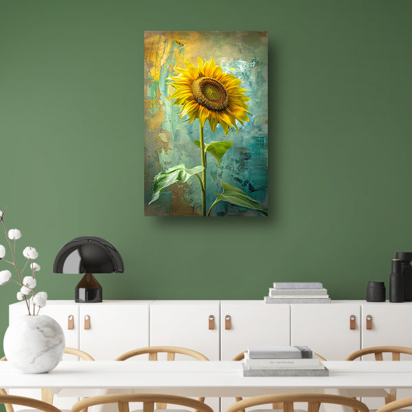 Schilderij van zonnebloem op kleurrijke achtergrond canvas met baklijst