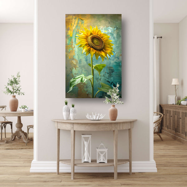 Schilderij van zonnebloem op kleurrijke achtergrond canvas met baklijst