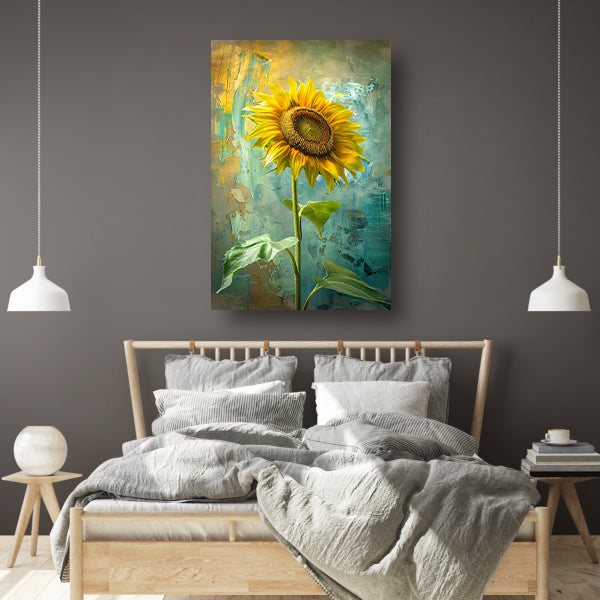 Schilderij van zonnebloem op kleurrijke achtergrond canvas met baklijst