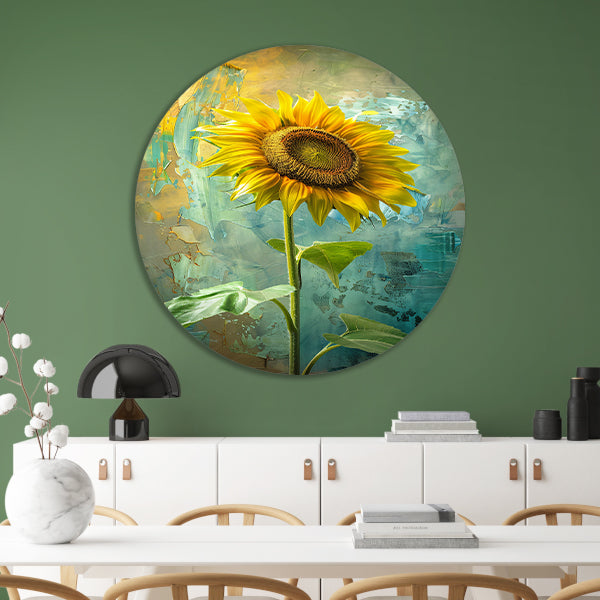 Schilderij van zonnebloem op kleurrijke achtergrond aluminium muurcirkel
