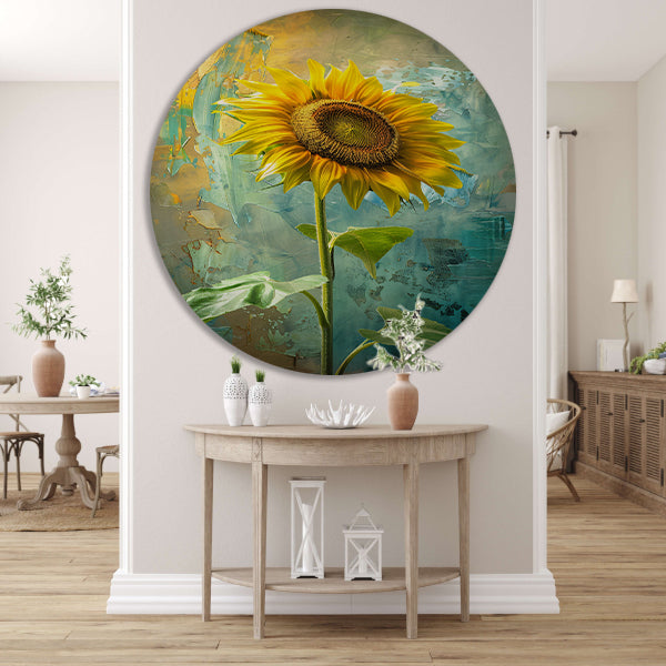 Schilderij van zonnebloem op kleurrijke achtergrond forex muurcirkel