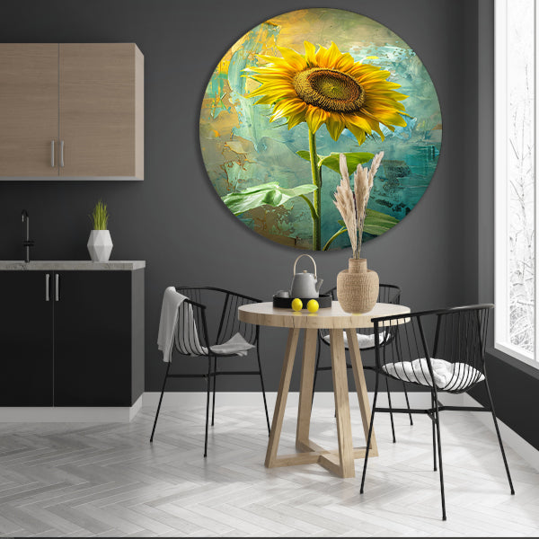 Schilderij van zonnebloem op kleurrijke achtergrond forex muurcirkel