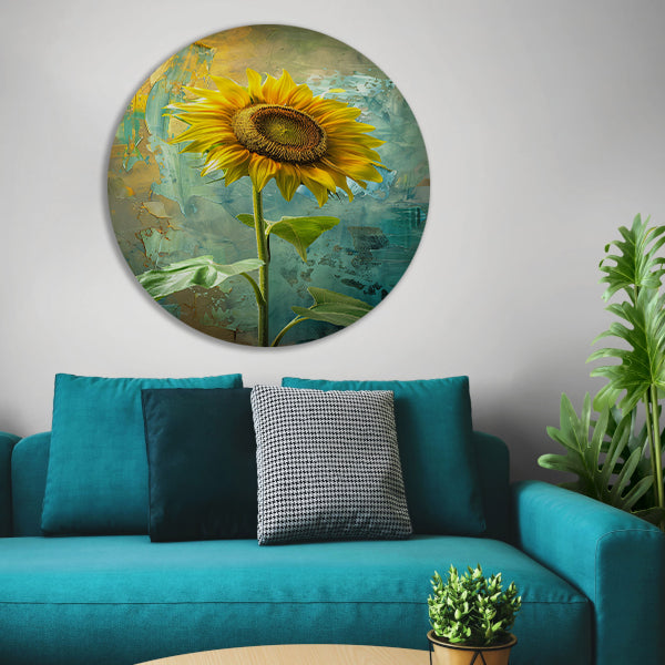 Schilderij van zonnebloem op kleurrijke achtergrond forex muurcirkel