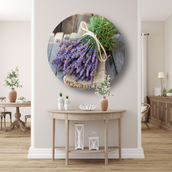 Lavendel stilleven op houten tafel aluminium muurcirkel