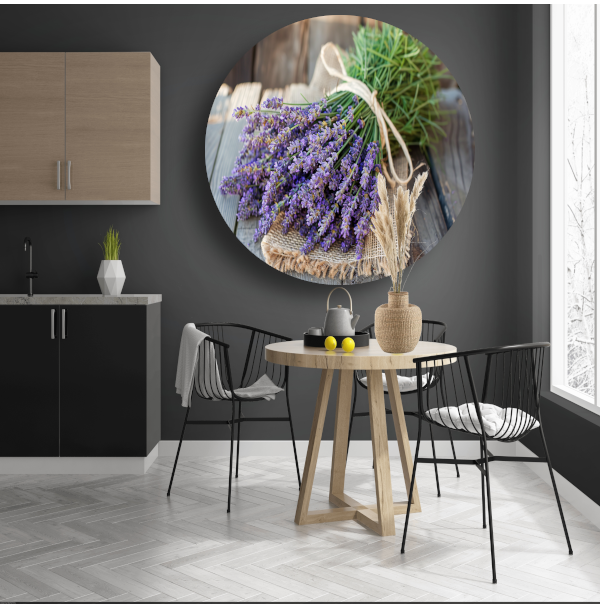 Lavendel stilleven op houten tafel aluminium muurcirkel