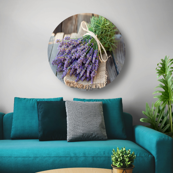 Lavendel stilleven op houten tafel aluminium muurcirkel
