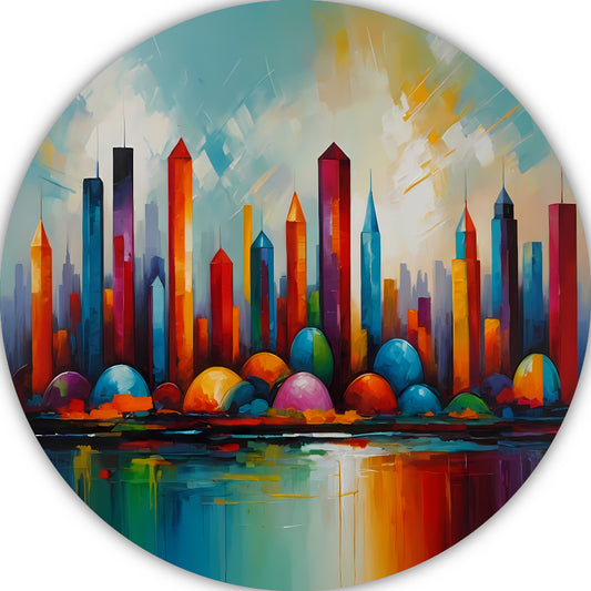 Kleurrijke Reflectie van Stad en Water aluminium muurcirkel