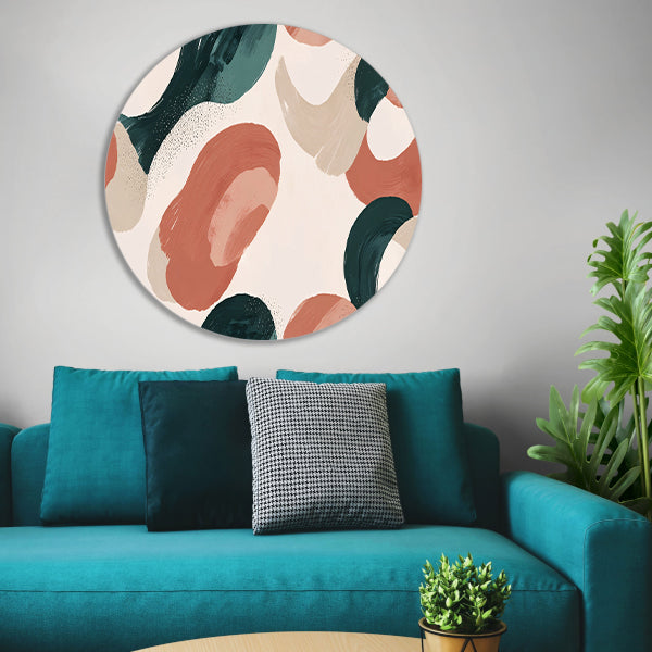 Japandi stijl abstract schilderij met aardetinten aluminium muurcirkel