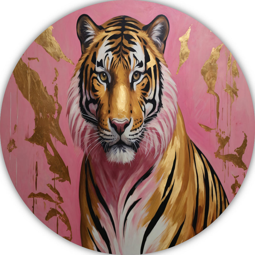 Tijger in Goud en Roze Modern Kunstwerk forex muurcirkel