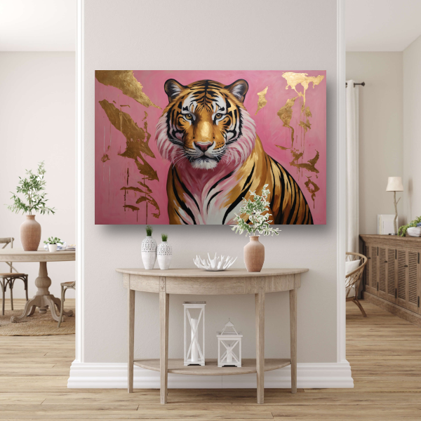 Tijger in Goud en Roze Modern Kunstwerk poster