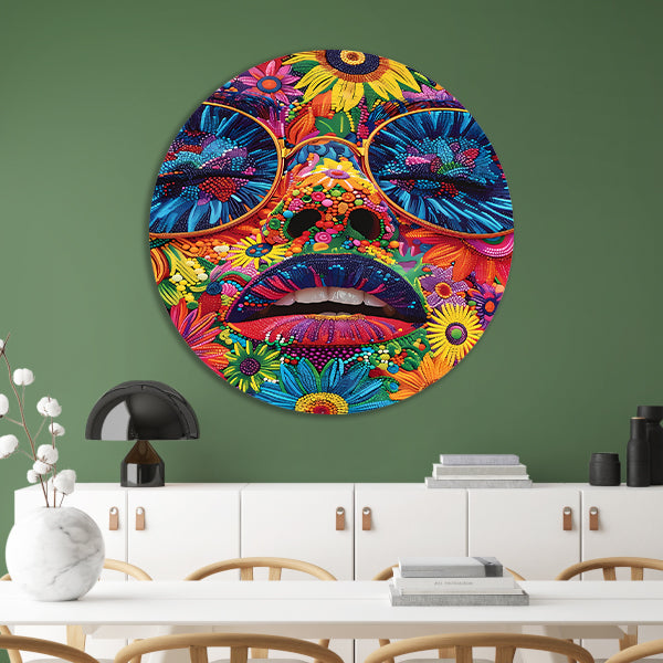 Portret van een vrouw met bloemen in popart stijl aluminium muurcirkel