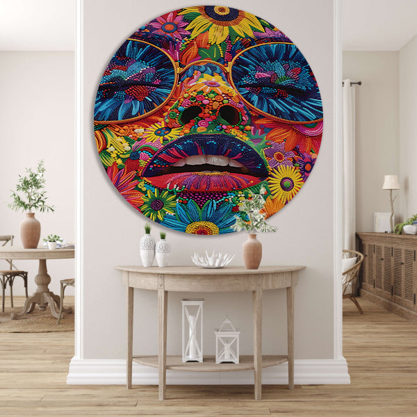 Portret van een vrouw met bloemen in popart stijl aluminium muurcirkel
