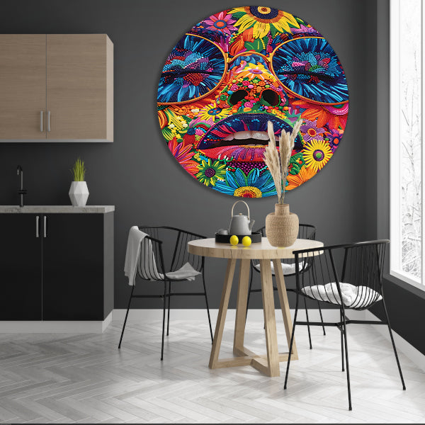 Portret van een vrouw met bloemen in popart stijl aluminium muurcirkel