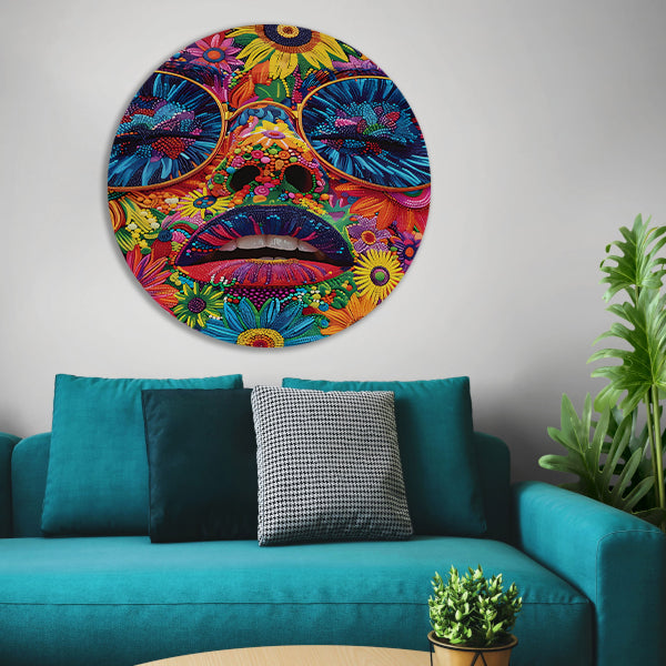 Portret van een vrouw met bloemen in popart stijl aluminium muurcirkel