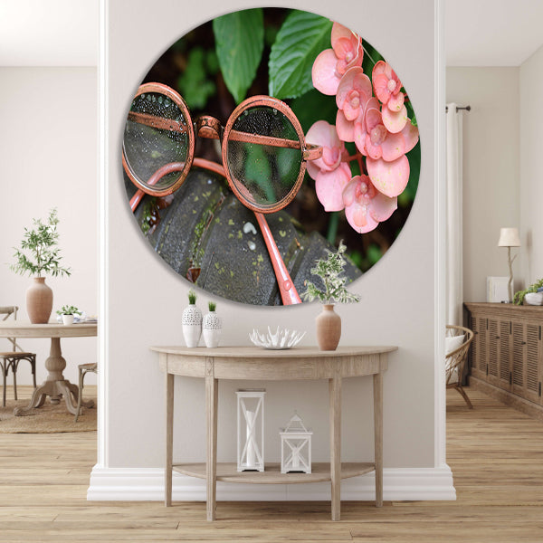 Bril met dauwdruppels en bloemen aluminium muurcirkel