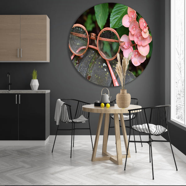Bril met dauwdruppels en bloemen aluminium muurcirkel