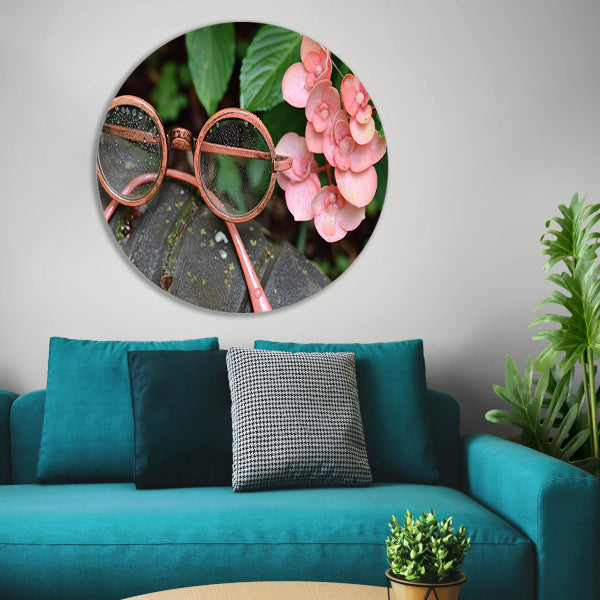 Bril met dauwdruppels en bloemen aluminium muurcirkel