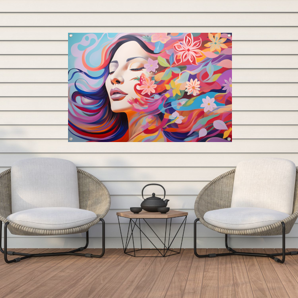 Vrouwelijke schoonheid in een bloemenzee tuinposter