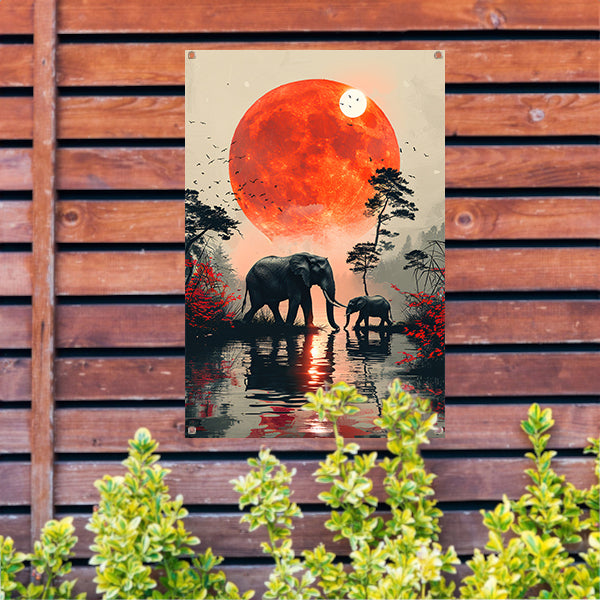 Olifantenfamilie onder bloedmaan tuinposter