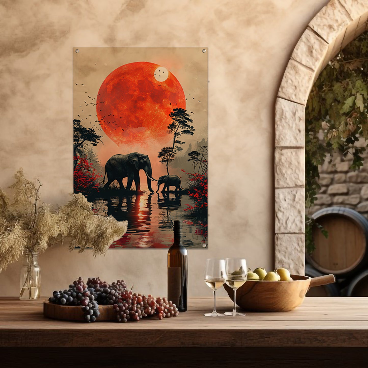 Olifantenfamilie onder bloedmaan tuinposter