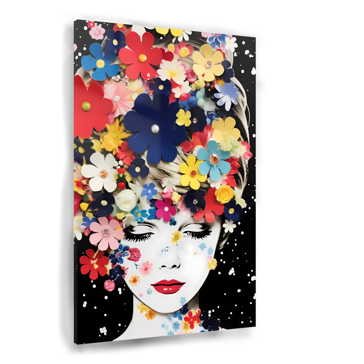 Vrouw omgeven door kleurrijke bloemen Acrylglas
