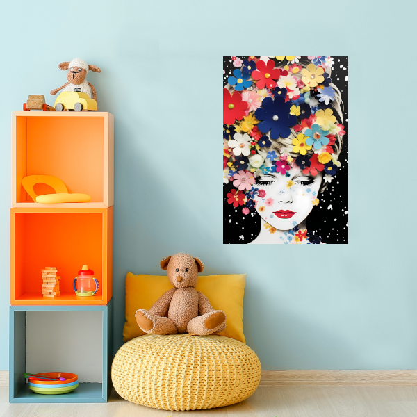Vrouw omgeven door kleurrijke bloemen canvas