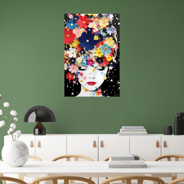 Vrouw omgeven door kleurrijke bloemen Acrylglas