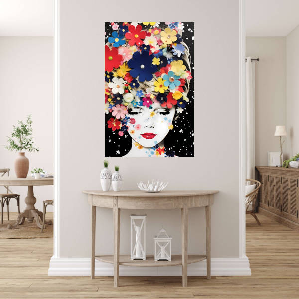Vrouw omgeven door kleurrijke bloemen Acrylglas