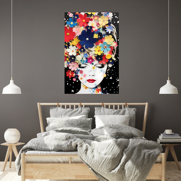 Vrouw omgeven door kleurrijke bloemen Acrylglas