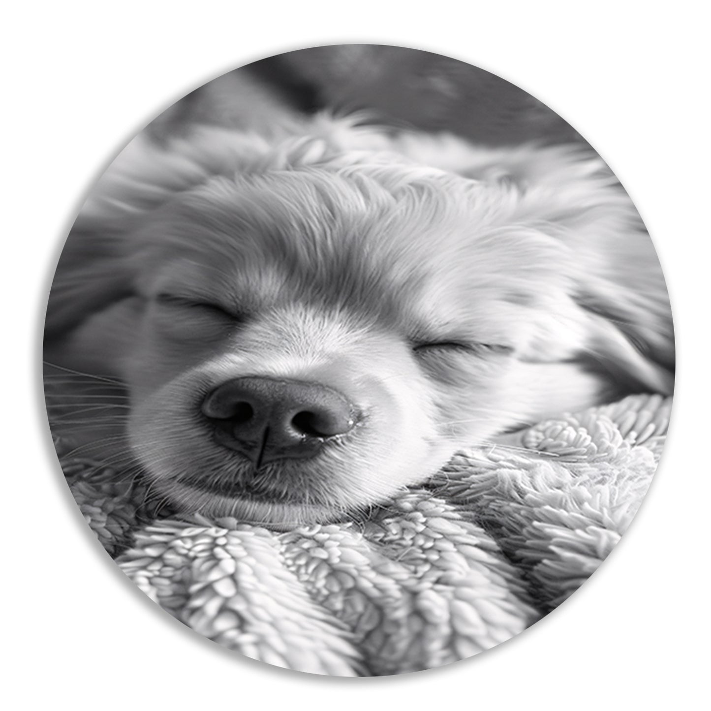Zwart-wit foto van slapende puppy op deken aluminium muurcirkel