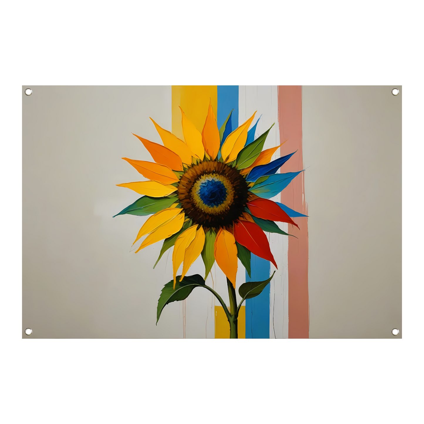 Abstracte Kleurrijke Zonnebloem op Gestreepte Achtergrond tuinposter