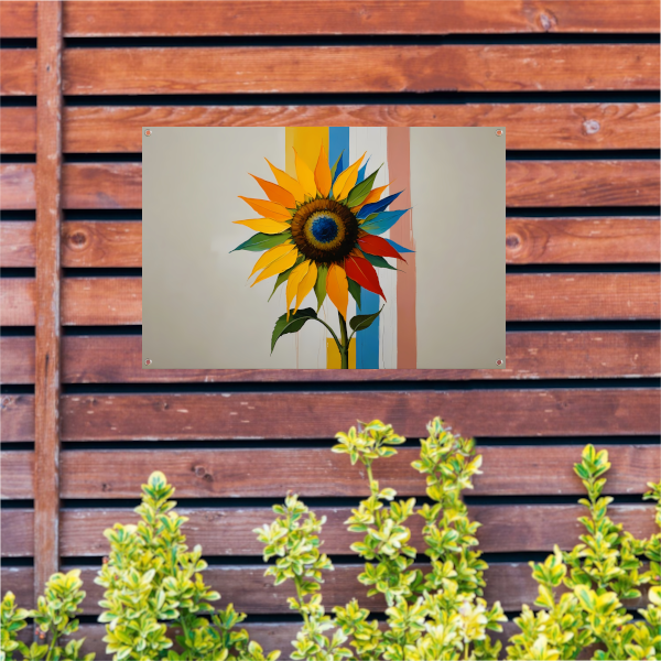Abstracte Kleurrijke Zonnebloem op Gestreepte Achtergrond tuinposter