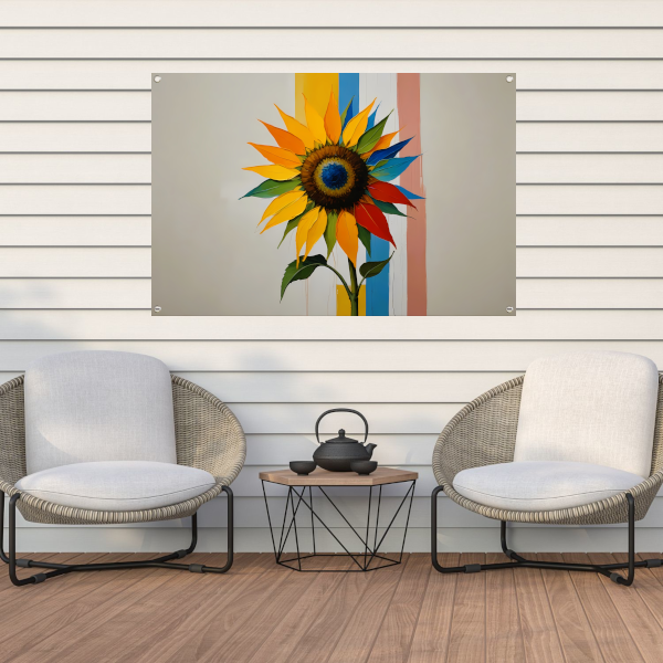 Abstracte Kleurrijke Zonnebloem op Gestreepte Achtergrond tuinposter