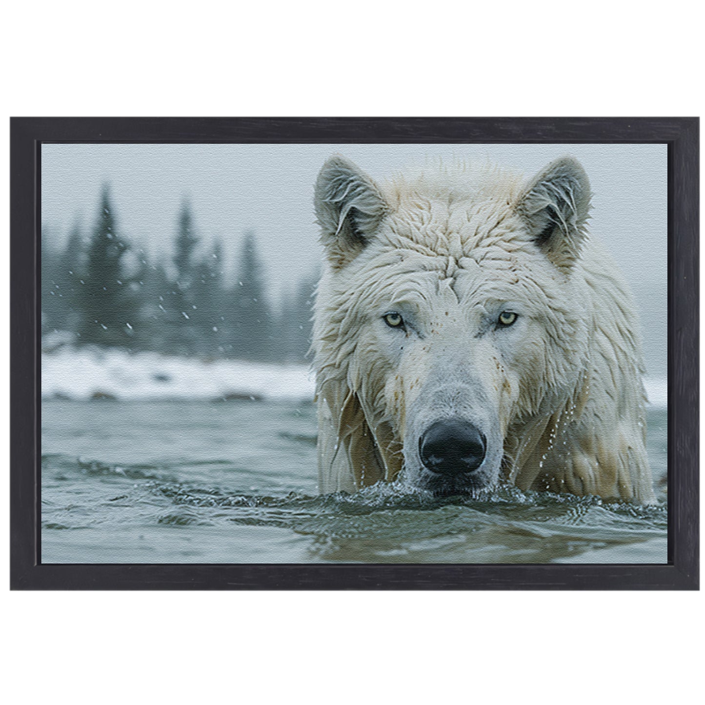 Witte Wolf in Water canvas met baklijst